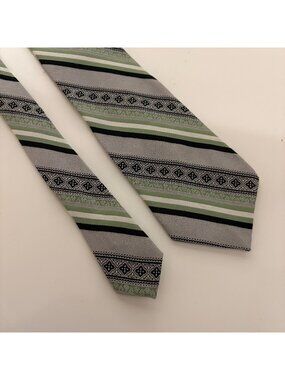 Prince Ferrara Vintage Tie Mens Polyester Necktie Green Gray Striped Office Gift